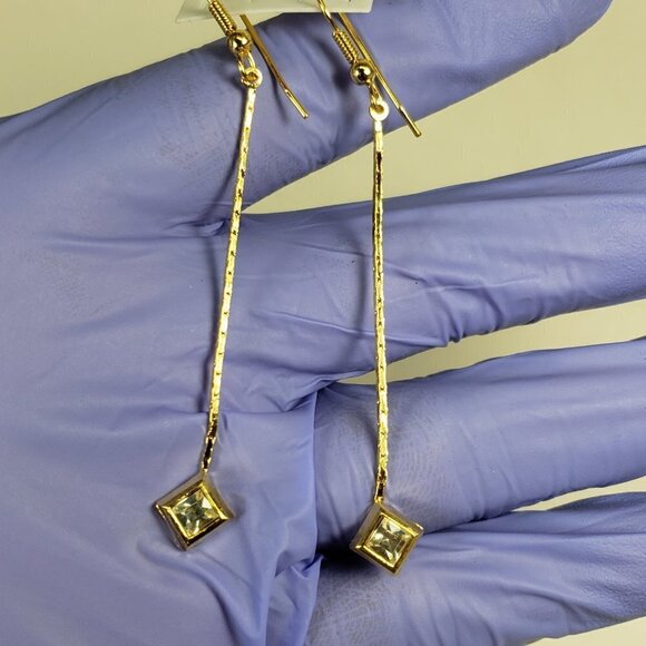 Gold tone Geometric Crystal Long Drop Earrings – Elegant Sparkle Dangle Jewelry - Picture 8 of 11